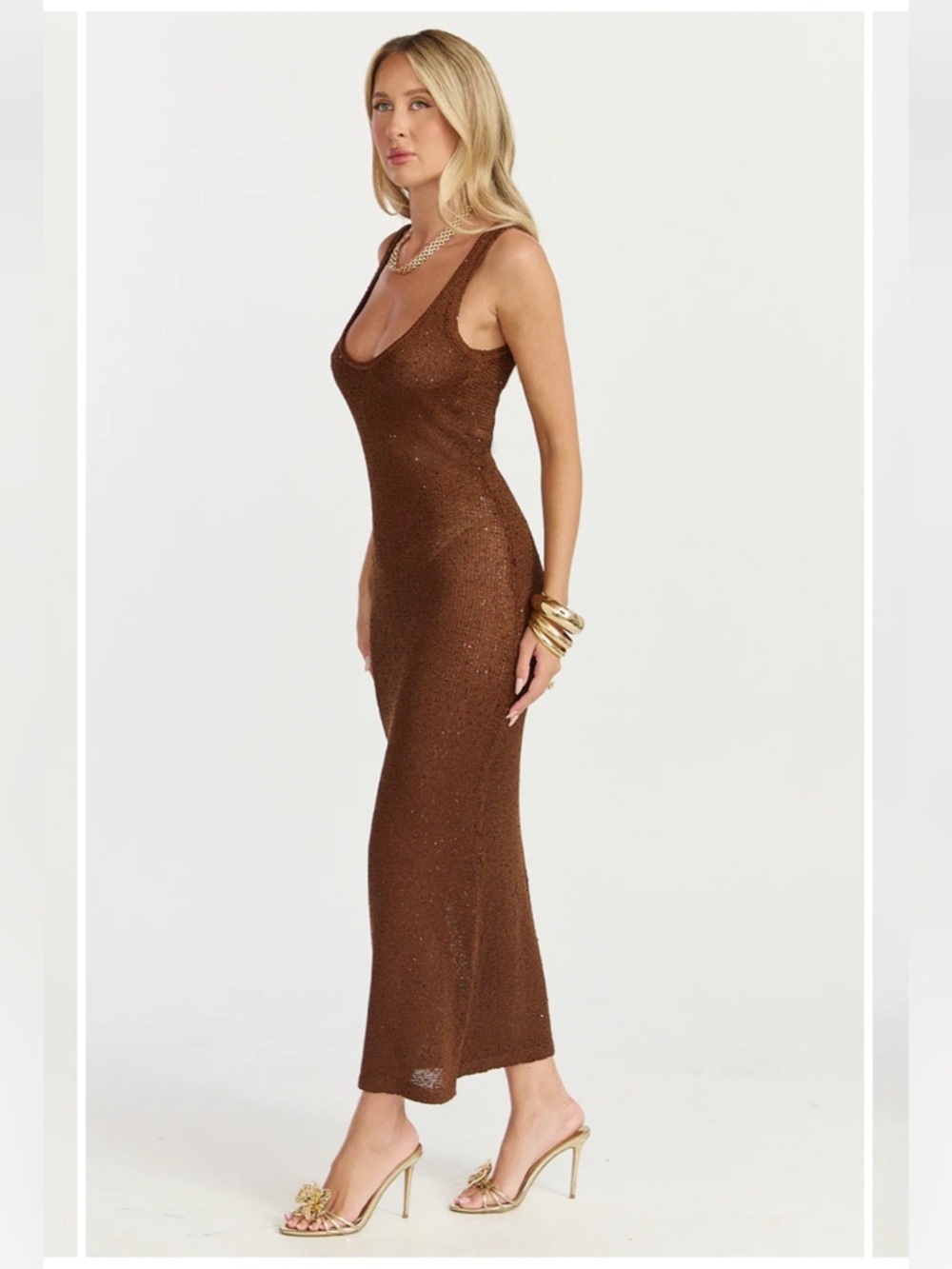 Showpo Jenna Maxi Dress Scoop Neck Sleeveless Sequin Knit Dress In Chocolate - Picture 3 of 12